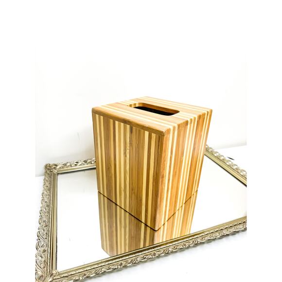 Natural Wood Tissue Box Cover Brown Beige Vertical Bath Decor Indonesia - Picture 2 of 8